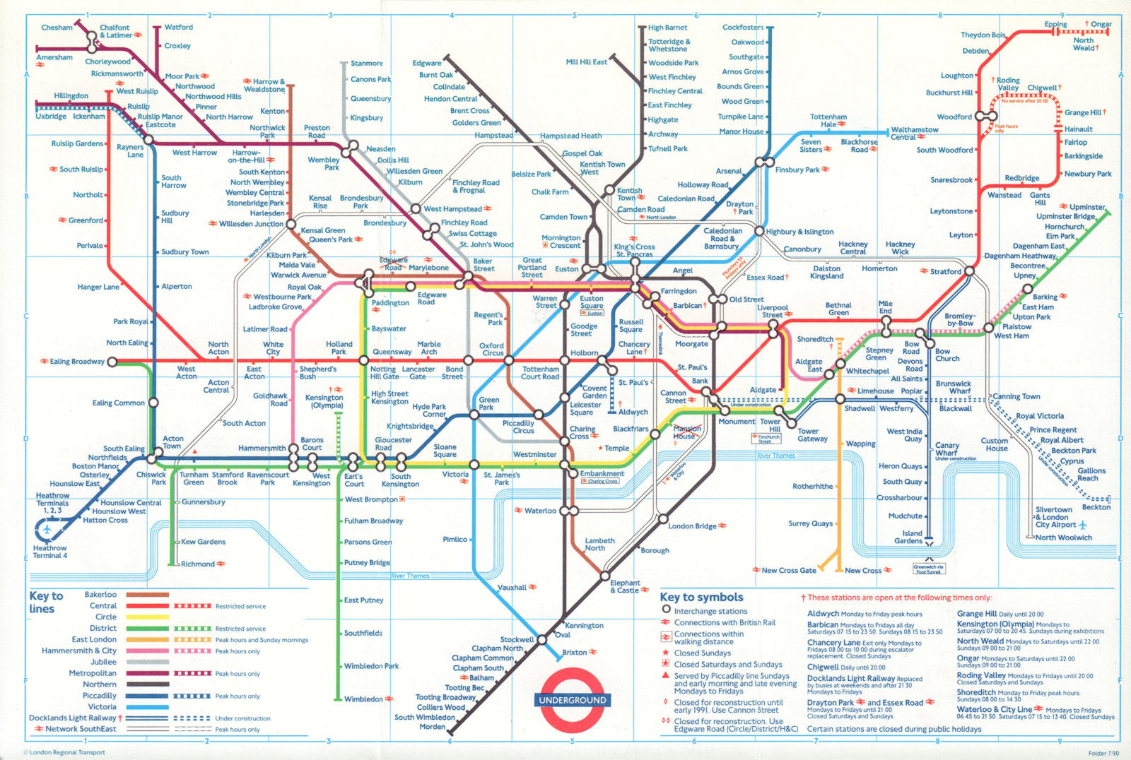 LONDON UNDERGROUND tube journey planner map DLR u/c to Bank & Beckton. July 1990